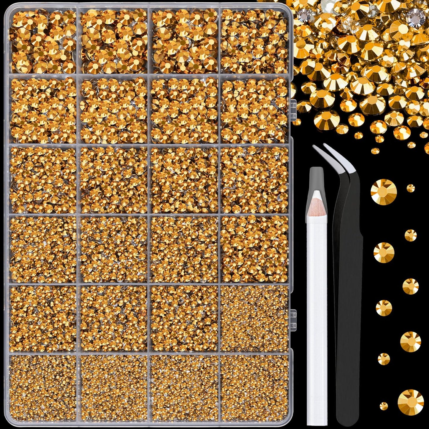 25000Pcs Resin Rhinestones for Crafting, Gold 2-6mm Mixed Sizes Non Hotfix Flatback Gems, Bedazzling Crystal for DIY Crafts Clothing Tumblers Mugs Shoes Fabric Nail Art