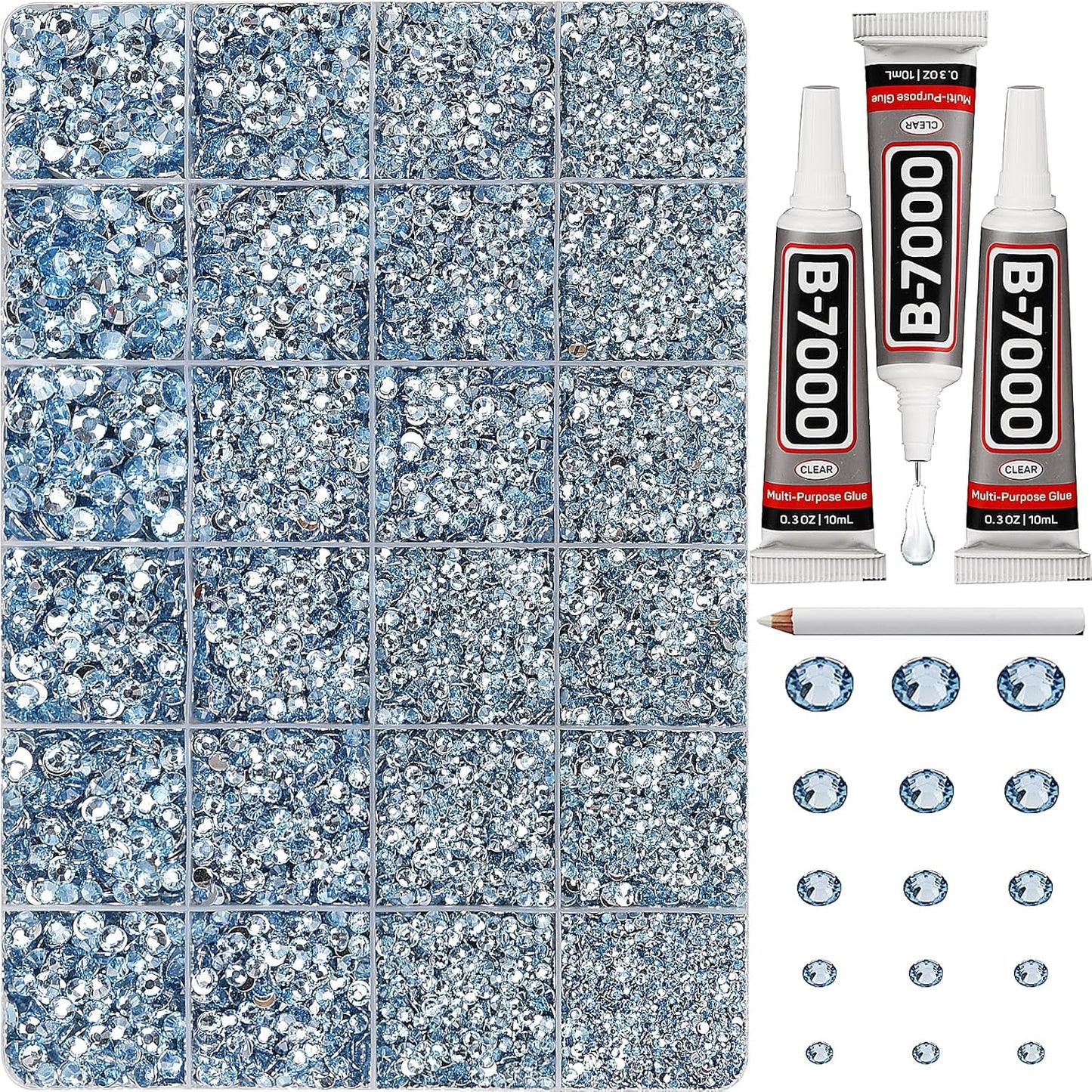 30000Pcs Resin Rhinestones Set for Crafting Bedazzling, Light Blue Flatback Gems Jewels for Crafts Clothes Shoes Fabric Outfit Nails Makeup, Flat Back Crystal 2-6mm with b 7000 Glue