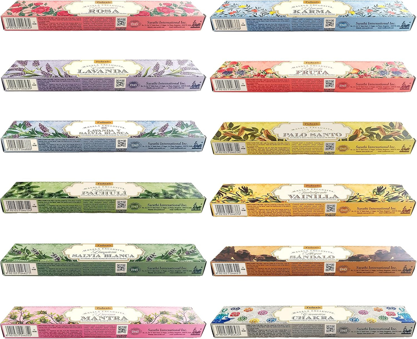 Tulasi Incense Sticks Set of 12 Scents (180 Sticks) Variety Natural Fragrances - Lavender, White Sage, Patchouli, Rose, Chakra, Mantra, Sandalwood, Palo Santo, Fruit for Meditation & Positive Vibes