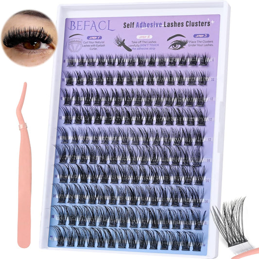 Self Adhesive Eyelashes Clusters Press on Lash Clusters Wispy Lash Extensions No Glue Needed Lashes Clusters Natural Cluster Eyelash Extensions Kit with Tweezers (8-16mm,C Curl)