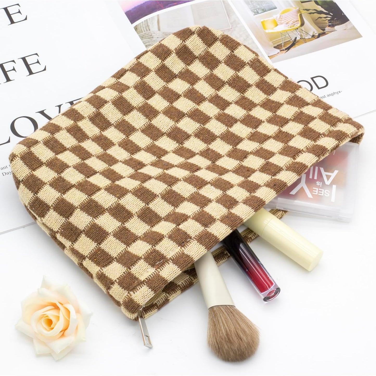 PAZIMIIK Knitted Checkered Makeup Bag Large Zipper Make Up Accessory Pouch for Purse Cosmetic Brush Bag for Travel Essential,Coffee