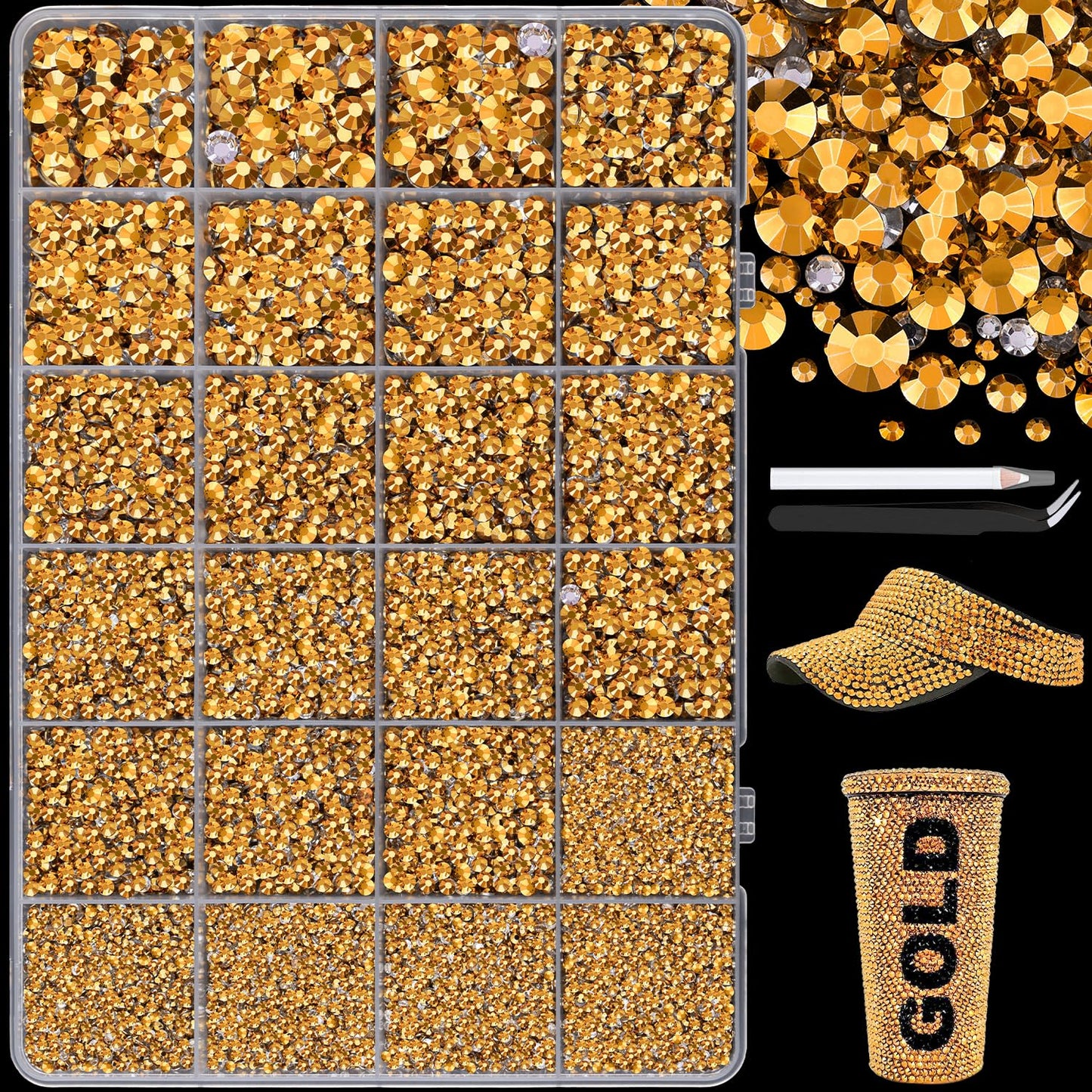 25000Pcs Resin Jelly Rhinestones with Tweezers for Crafting, 2-6mm Mixed Sizes (Copper Gold) Non Hotfix Flatback Gems, Bedazzling Crystal for DIY Crafts Clothing Tumblers Mugs Shoes Nail Art