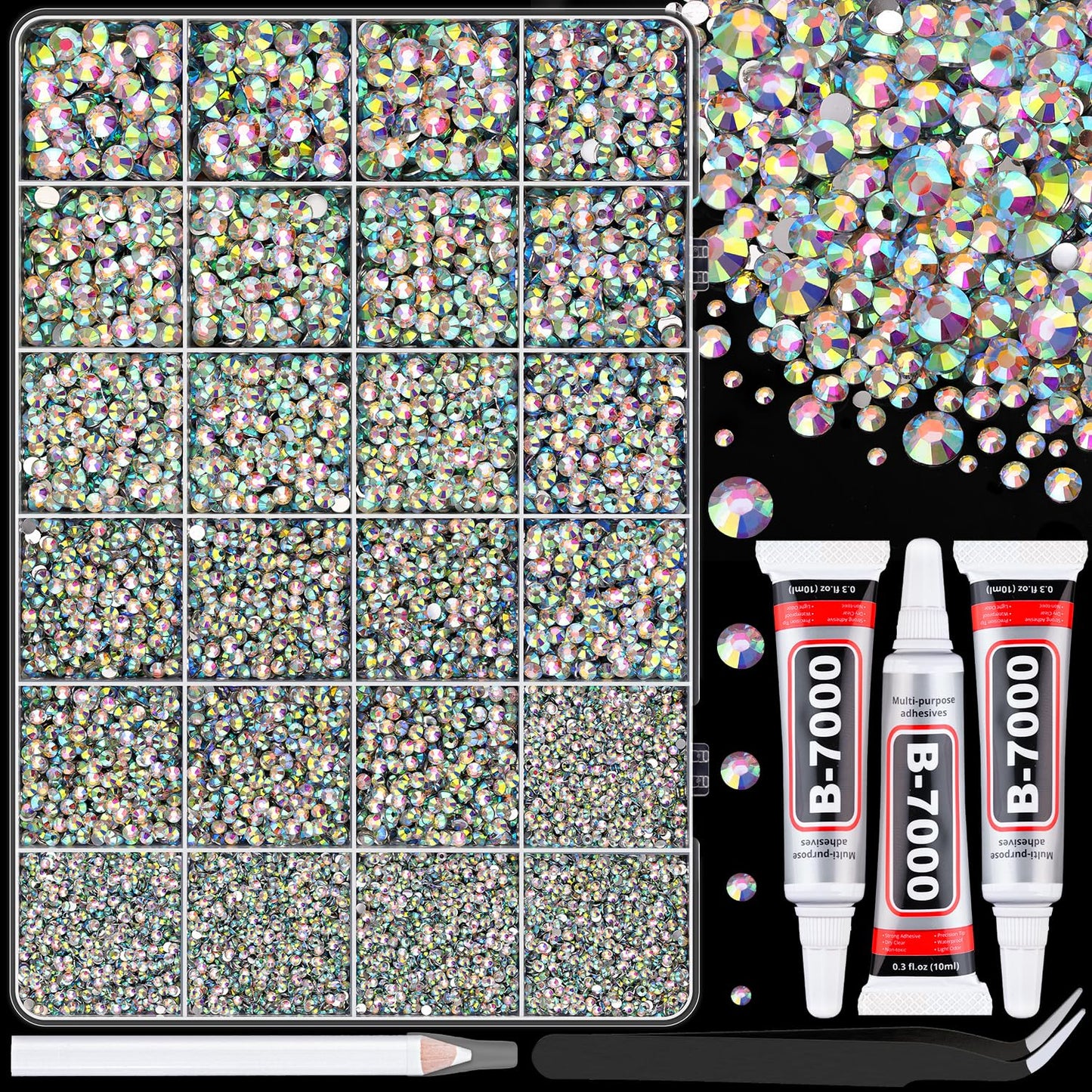 25000Pcs Resin Rhinestones with Tweezers for Crafting, AB 2-6mm Mixed Sizes Bedazzling Crystal with 3Pcs 10ml B7000 Jewelry Glue for DIY Crafts Clothing Tumblers Shoes Fabric Nail Art