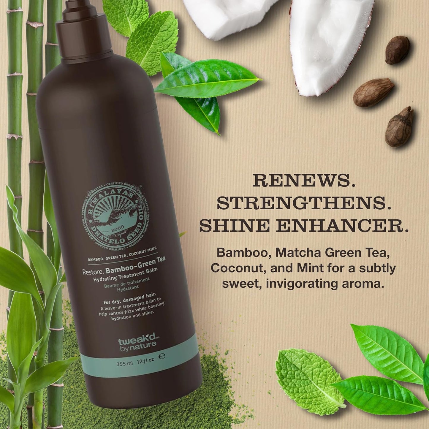 Tweak’d by Nature - Restore Bamboo-Green Tea Hydrating Leave In Hair Treatment, Strengthening Hair Serum, Invigorating Green Tea, Bamboo, and Coconut Scent, Cruelty Free (12 ounces)