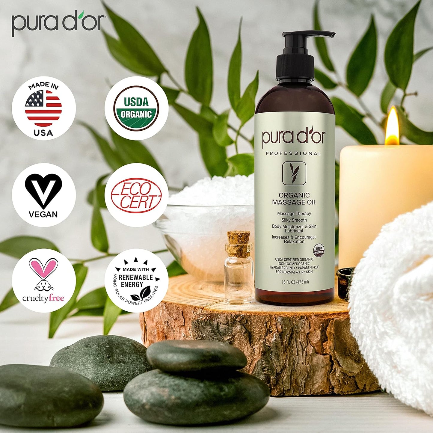 PURA D'OR 16 Oz ORGANIC Massage Therapy Oil USDA Certified Almond, Apricot, Argan, Ginger, Jojoba, Lavender Oils For Silky & Softer Skin - Body Moisturizer & Skin Lubricant - Aromatherapy & Relaxation