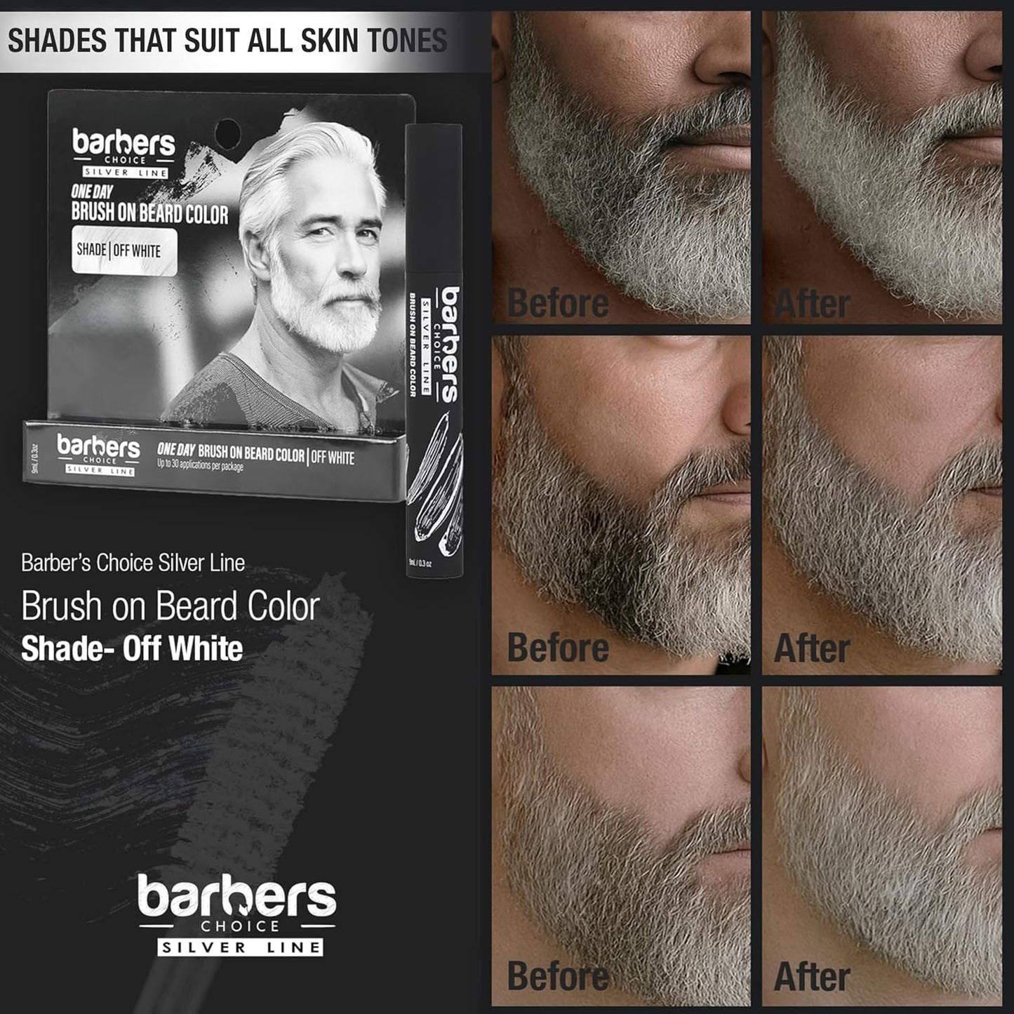 Barbers Choice Silver Line, Facial Hair Brush on Temporary Color for Silver Fox Men- Instantly Brighten White Beards, Mustache & Sideburns, Less Yellow, Easy Application, Off-White