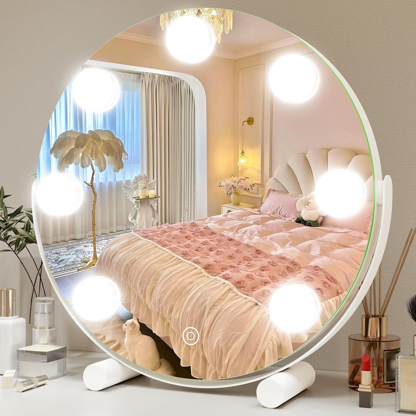 Vanity Mirror with Lights, 12 Inch Hollywood Mirror with Lights for Makeup Desk, LED Makeup Mirror with 7 Dimmable Bulbs for Bedroom Tabletop, Smart Touch Dimmable 3 Modes, 360° Rotation