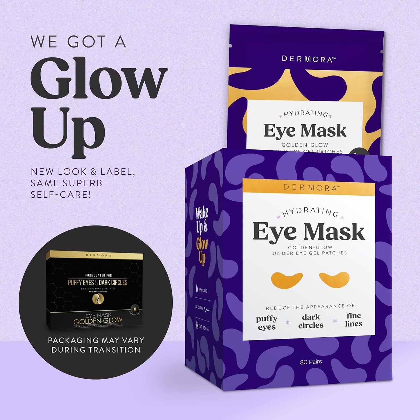 DERMORA Golden Glow Under Eye Patches (30 Pairs Eye Gels) - Rejuvenating Treatment for Dark Circles, Puffy Eyes, Refreshing, Revitalizing, Travel, Wrinkles