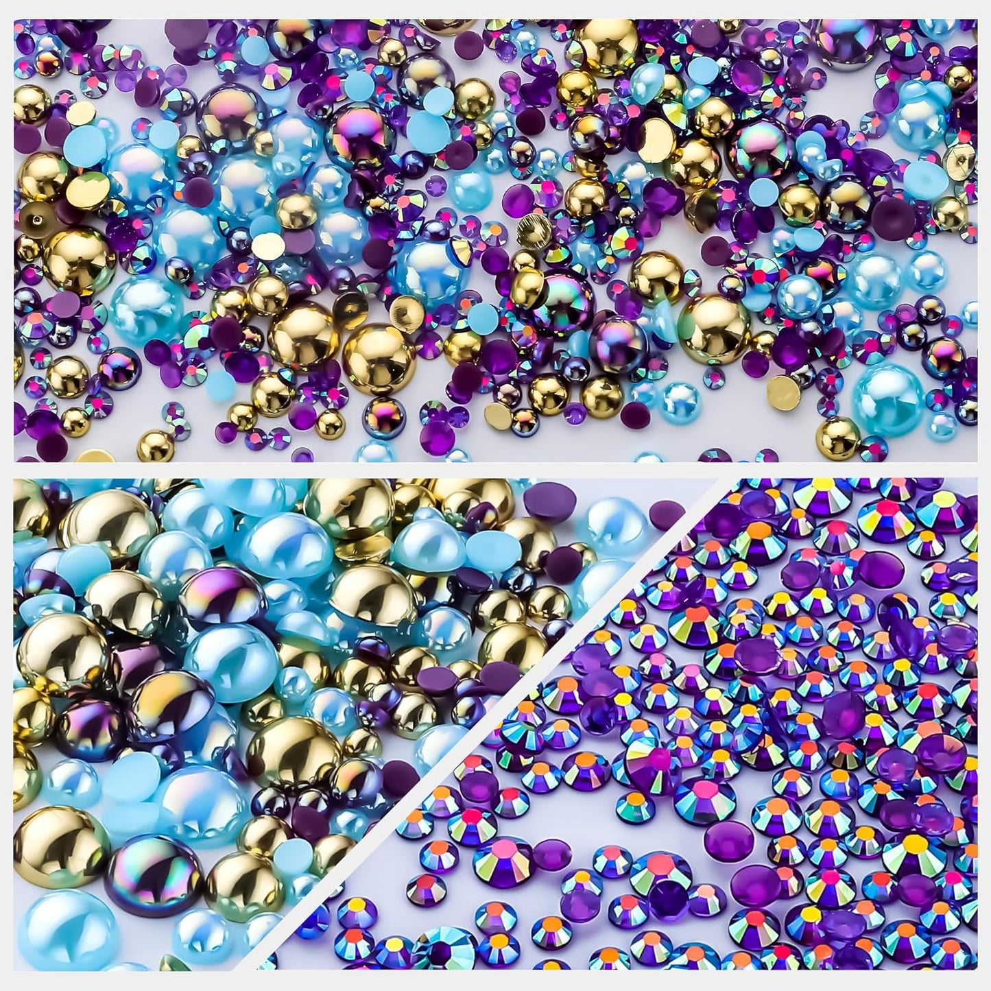 60g Gold Aquamarine Pearls Rhinestones for Crafts Mixed Size 3mm-10mm AB Color Round Half Pearls Flatback Pearl Beads and Resin Rhinestones Set for Face Art with Gel