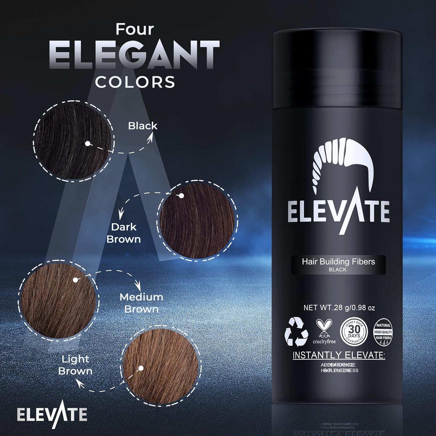ELEVATE Hair Fibers to Instantly Thicken & Completely Conceal Thinning Balding Areas Loss in 30 Seconds for Men & Women (BLACK) 28g Size - 100% Natural & Undetectable Keratin Fibers