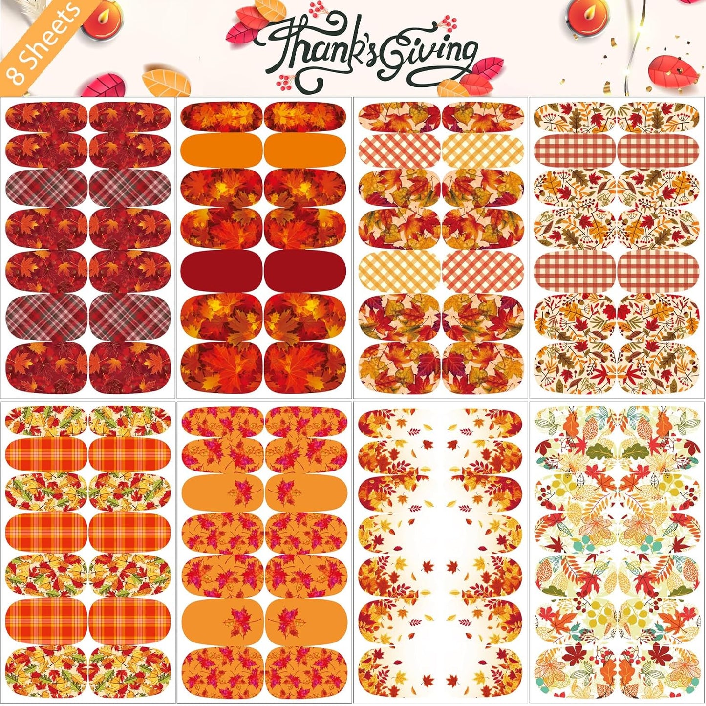 16 Sheets Holiday Nail Wraps Stickers, Halloween&Thanksgiving Day All Seasonal Full Nail Polish Strips, DIY Self-Adhesive Fall Winter Nail Art Decals with 2 Piece Nail Files for Party Decor (224 Pcs)