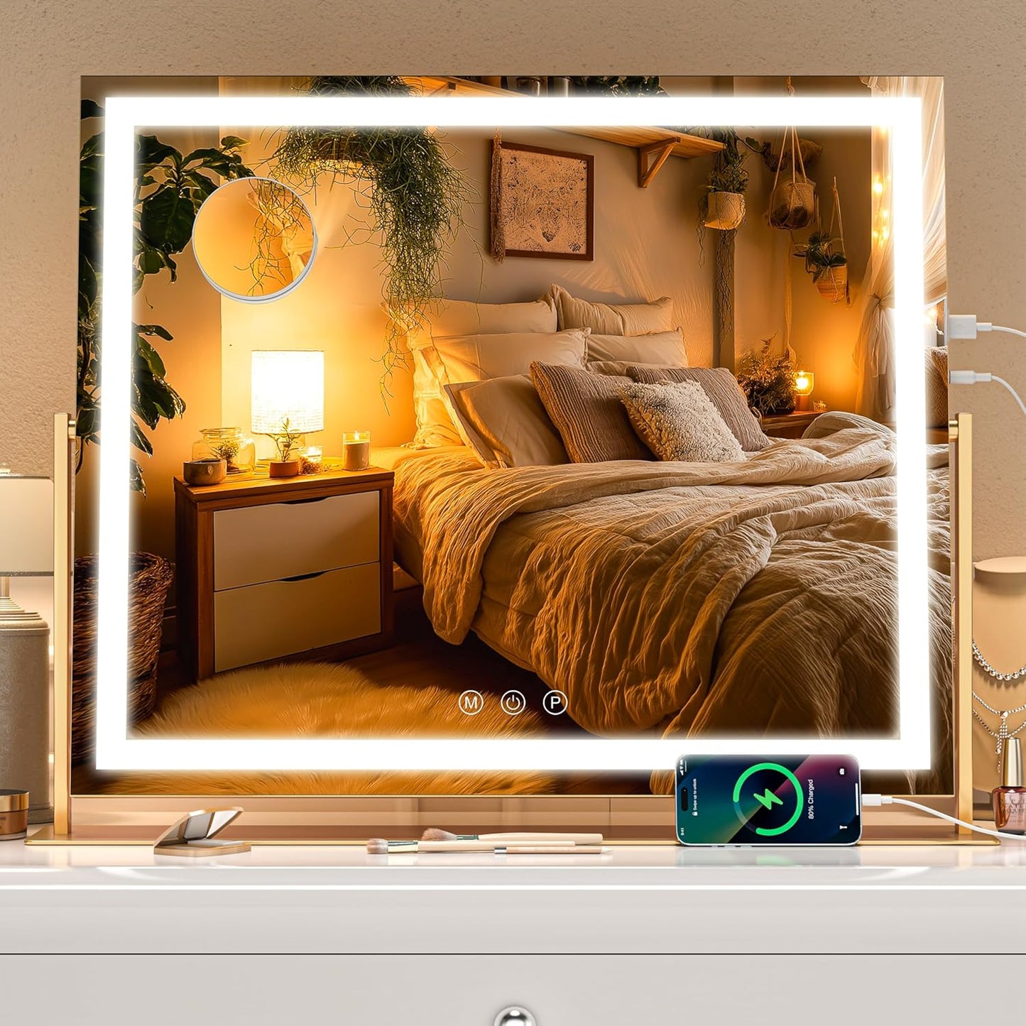 Vanity Mirror with Lights, 26'' x 22'' Lighted Makeup Mirror, Touch Screen with 3-Color Lighting, Dimmable for Vanity Desk Tabletop Square Gold