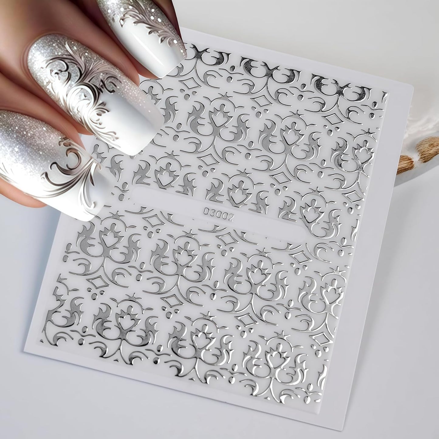 30 Sheets Silver Lace Nail Art Stickers 3D Self-Adhesive Silver Hollow Retro Floral Vine Design Decals for Women Spring Summer Manicure Slider Decorations