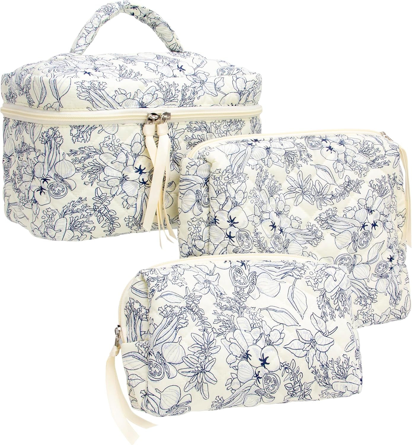 PAZIMIIK 3PCS Makeup Bag SET Large Travel Quilted Zipper Soft Cosmetic Case Pouch for Women Girls Make Up,Flower White