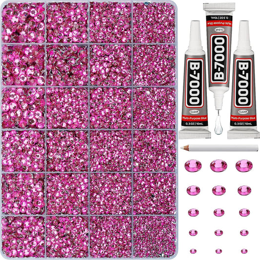 30000Pcs Resin Rhinestones Set for Crafting Bedazzling, Hot Pink Flatback Gems Jewels Crystals for Crafts Clothes Shoes Fabric Shirts Tumblers Cups, Flat Back Bedazzler Kit with b 7000 Glue