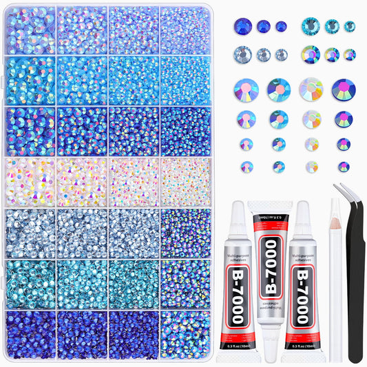 20000Pcs Blue Rhinestones for Bedazzling with 3Pcs B7000 Jewelry Glue, Resin Rhinestones for Crafting Crafts，Bedazzler Kit Flatback Gems for Clothing Shoes Tumblers Nail Art