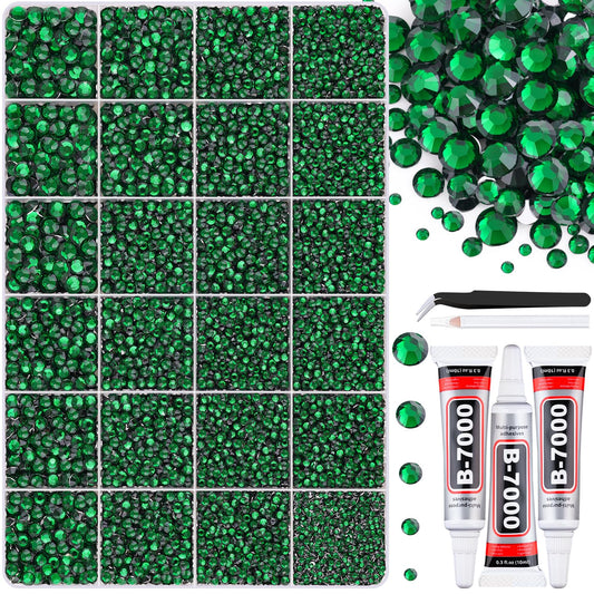 30000Pcs Resin Emerald Green Rhinestones for Bedazzling Crafting with b7000 Jewelry Glue, Bulk Flatback Gems Bedazzler Kit for Crafts Clothes Shoes Fabric Nail Diamond Art, Assorted Size 2/3/4/5/6mm