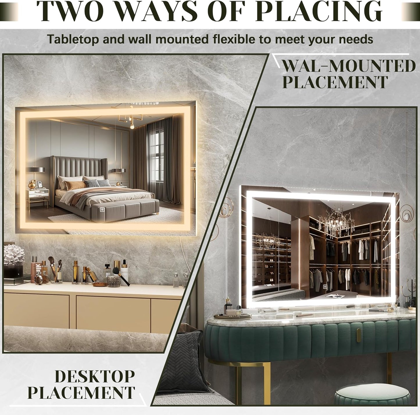 32x 22 Inch Large Lighted Vanity Mirror with Dimmable 3 Modes, LED Makeup Mirror for Bathroom ＆ Dressing Room, Tabletop or Wall-Mounted, White