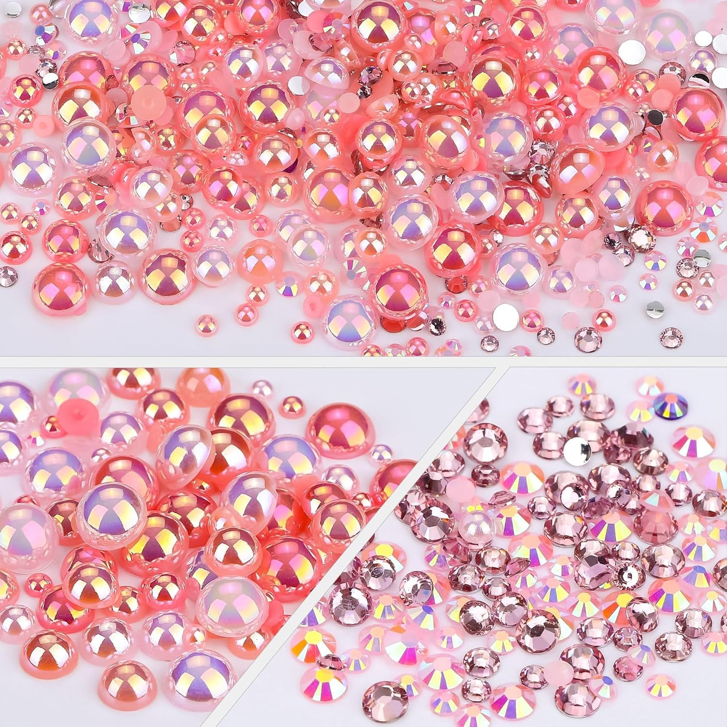 60g Pale Pink Flat Back Pearls Rhinestones for Crafts Mixed Size 3mm-10mm AB Color Round Half Pearls Flatback Pearl Beads and Resin Rhinestones Set for Face Art with Gle