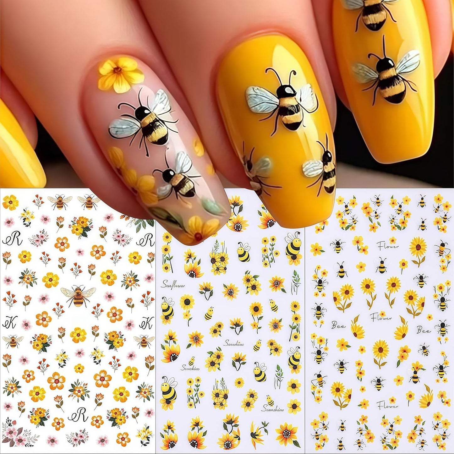 6 Sheets Bee Flower Nail Art Stickers 3D Self Adhesive Sunflower Stickers Yellow Floral Daisy Decals Spring Summer Nails Art Supplies Accessories for Women Girls DIY Manicure Decoration