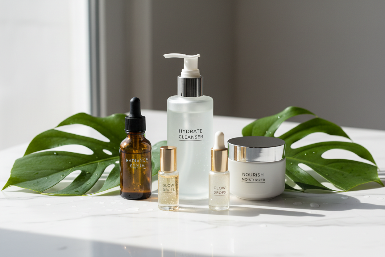 Skincare – Hydrating cleansers, serums, moisturizers, and glow-enhancing treatments. (make it real photo)